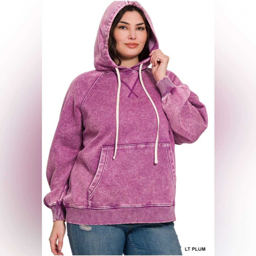 NWT ZENANA PLUS ACID WASH FLEECE HOODIE WITH POCKETS - Picture 2 of 2